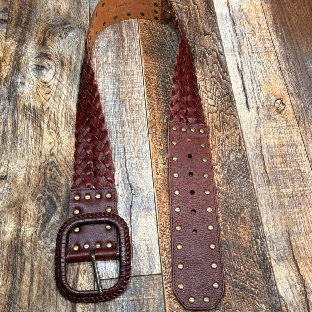 Fossil Womens Braided Brown Leather Belt Small Studs Wide Buckle
